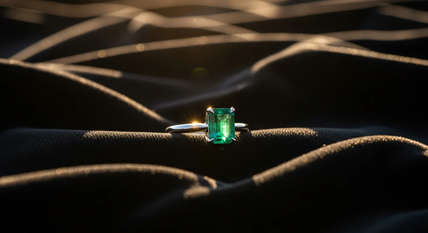 Bague émeraude sertie sur or blanc en gros plan